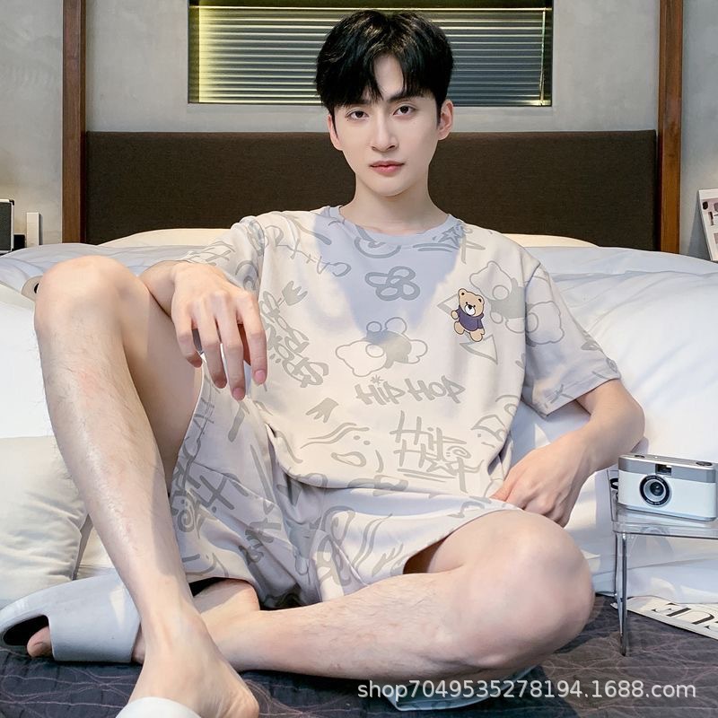High-Grade Cotton Men's Pajamas Summer Round Neck Short Sleeve Shorts Casual Set Loose Teenager Thin Homewear