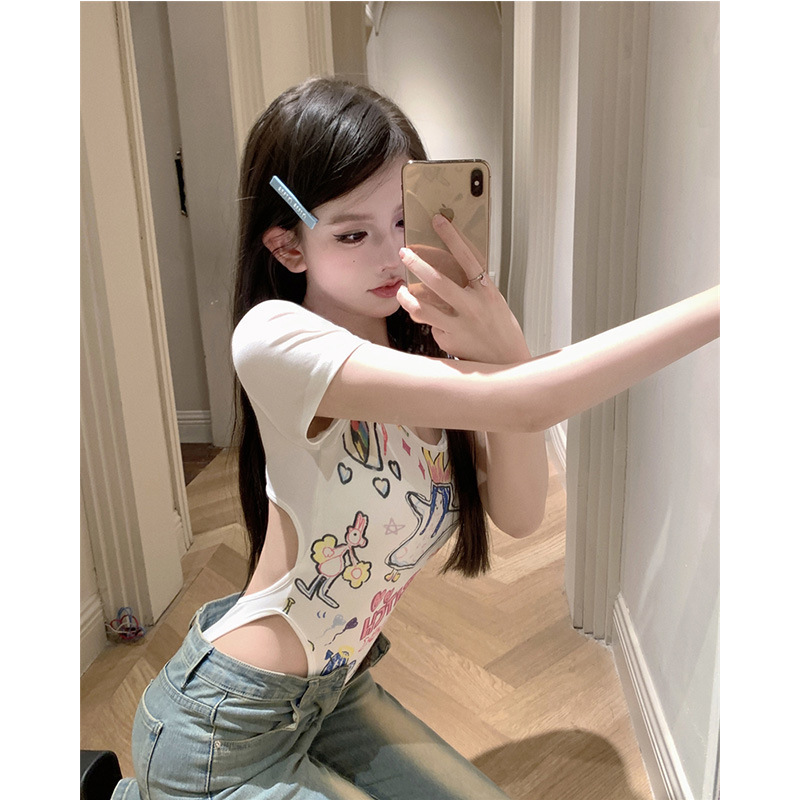 2025 Design Sense Cartoon Graffiti Short-sleeved Slim-fit Boomsuit White Short Spice Girl T-shirt Top Summer Women