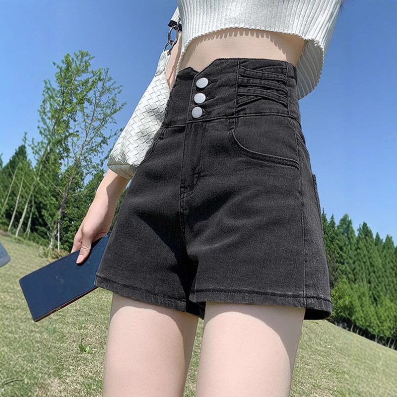 Hot-Selling Foreign Trade Item] Retro High-Waisted Denim Shorts for Women, 2025 New A-Line Slimming Three-Button Design