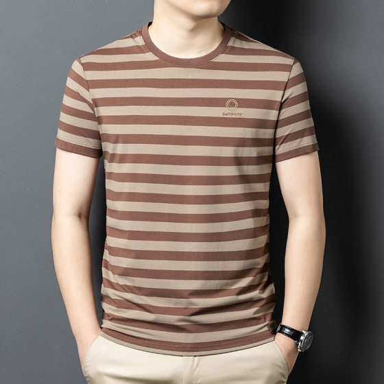 New Summer Men's Short-sleeved T-shirt Fashionable Striped Casual Round Neck All-match Mulberry Silk Short-sleeved T-shirt Top Trendy