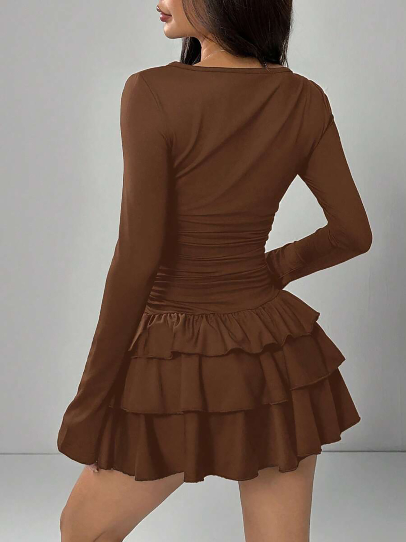 Women's Solid Color Slim Fit Ruffled Panel Long Sleeve Bodycon Mini Dress – Elegant Casual Gown_ecoleips.com