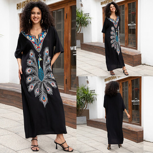New European and American Cotton Holiday Long Dress Loose plus size Sunscreen Beach Dress Embroidered Bikini Outer Blouse