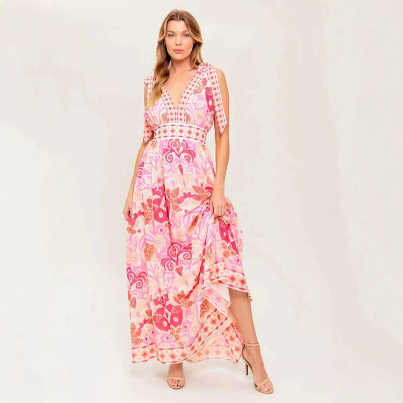2026 European and American Fashion New Summer V-Neck Women's Spaghetti Strap Printed Elegant Resort Style Vineyard Blush Long Dress