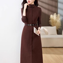 感灰色V领毛呢背心连衣裙女秋冬收腰显瘦中长款a字裙咖啡色