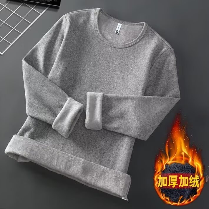 Camiseta de manga larga del fabricante de la fuente para hombre más terciopelo grueso color sólido interior con cuello redondo para hombre otoño e invierno cálido T camisa de fondo negro