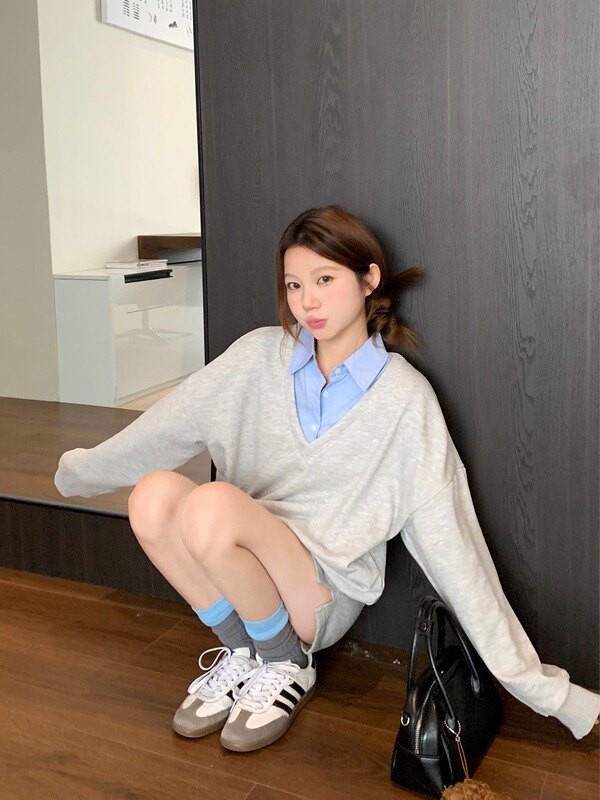 复古风Polo领撞色拼接假两件卫衣女秋季休闲宽松慵懒oversize上衣|undefined