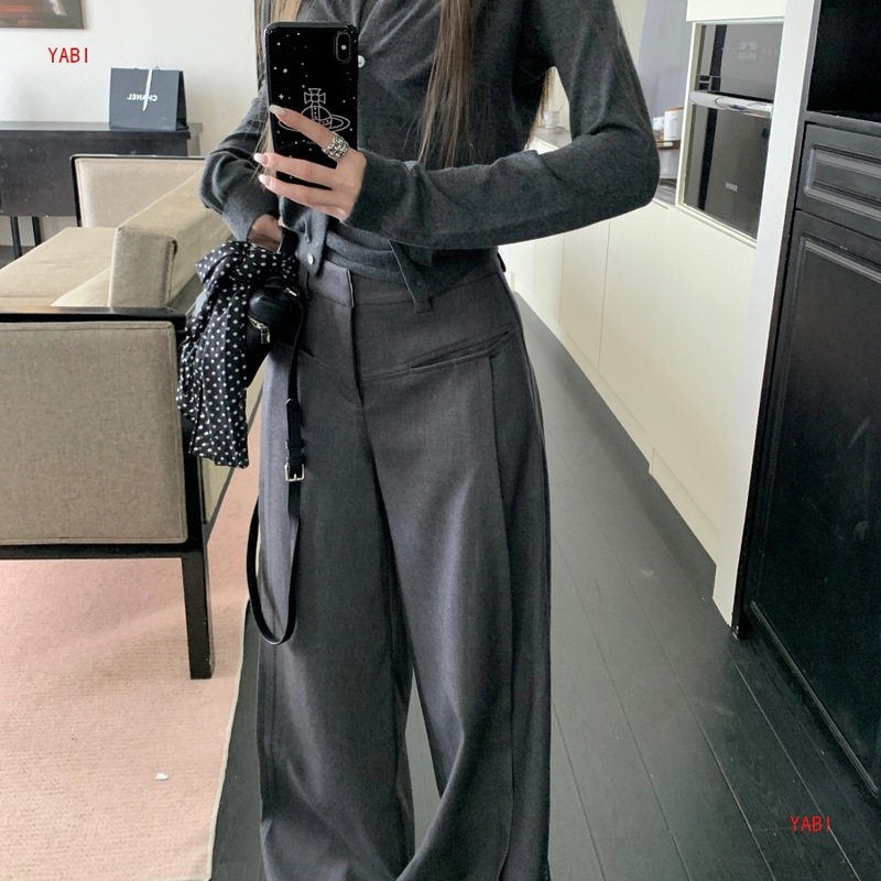 慵懒风垂感灰色西装裤休闲裤女秋季百搭高腰阔腿裤直筒长裤拖地裤|undefined