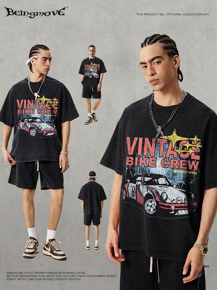 Calle secada| Nuevo estilo americano High Street Retro hacer viejo lavado con agua de manga corta suelta impresión de carreras batíquicas de hombro camiseta