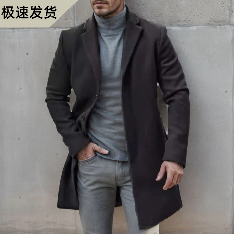 [European Size Thickened] Men's Wool Coat Cross-Border Mid-Length Woolen Trench Coat in Multiple Colors and Sizes