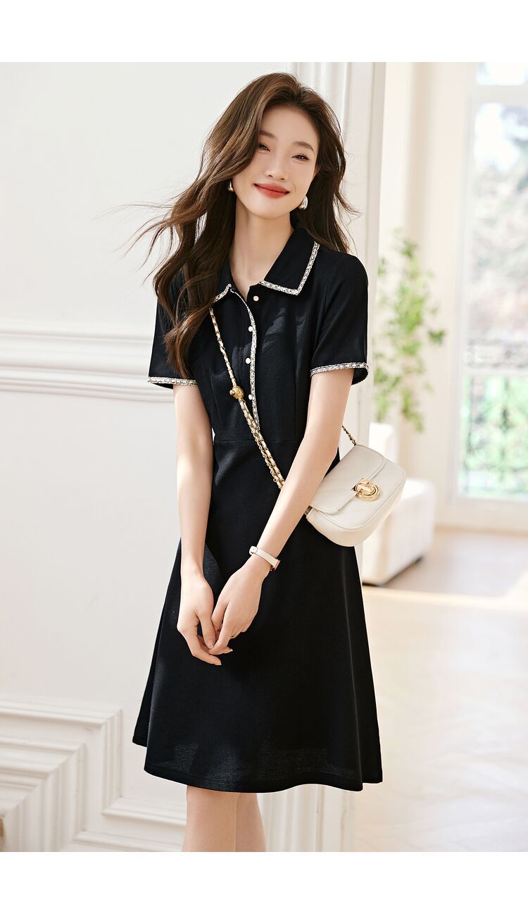 Váy đen dệt kim cổ POLO tay ngắn phong cách Chanel — đen chi tiết 4