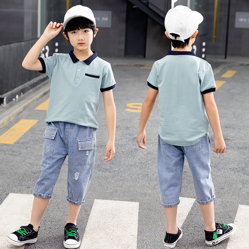 男童帅气短袖Polo领新款夏装中大童2023儿童时髦套装童装两件套潮