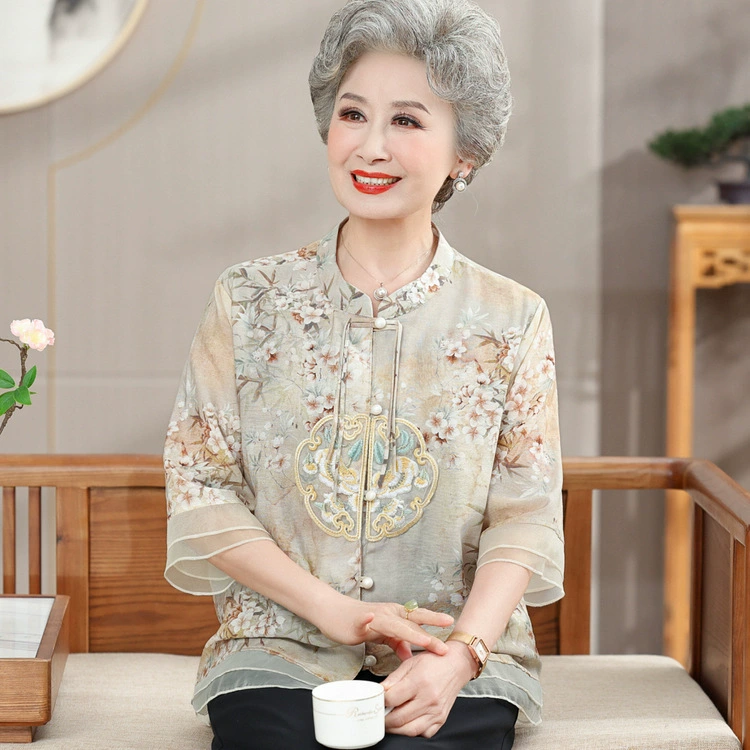 Летнее платье для женщин среднего возраста, стильная блузка, новая модель в китайском стиле, топ с рукавом до локтя для женщин среднего и старшего возраста в новом китайском стиле