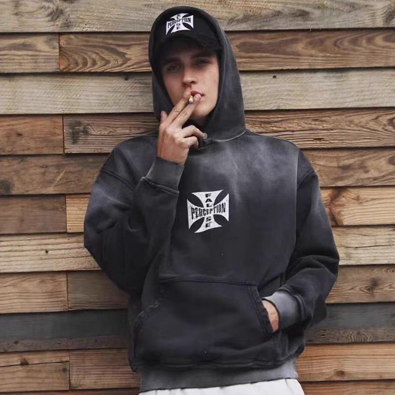 West Coast Choppers American West Coast Iron Cross Washed Distressed Hoodie Casual Jacket Trendy