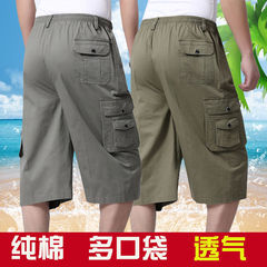 カジュアルコットンショーツ中年夏メンズクロップドパンツ薄手大きいサイズルーズポケットミッドパンツ