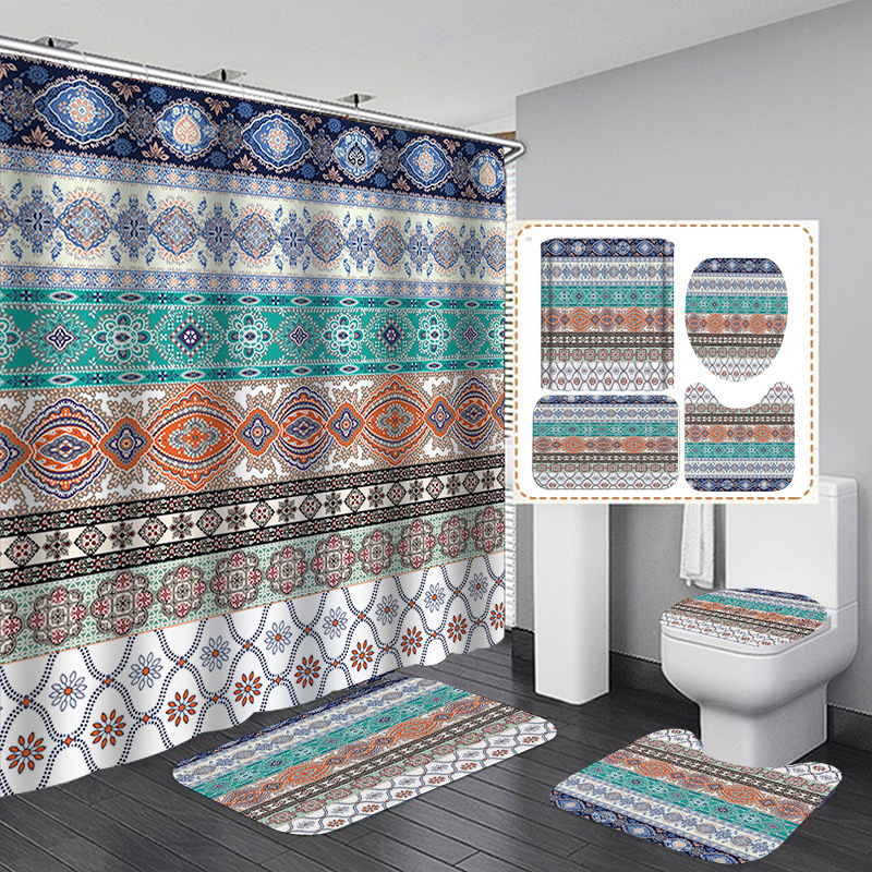 Venta caliente de Amazon Cortina de ducha de baño bohemia Tela de cortina de baño impermeable Juego de cuatro piezas Gran cantidad y excelente precio