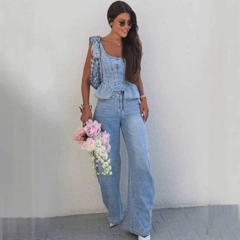 AliExpress Best-Selling Sexy Low-Cut Sleeveless Waist-Cinching Tank Top Women's Loose Wide-Leg Pants Fashion Set