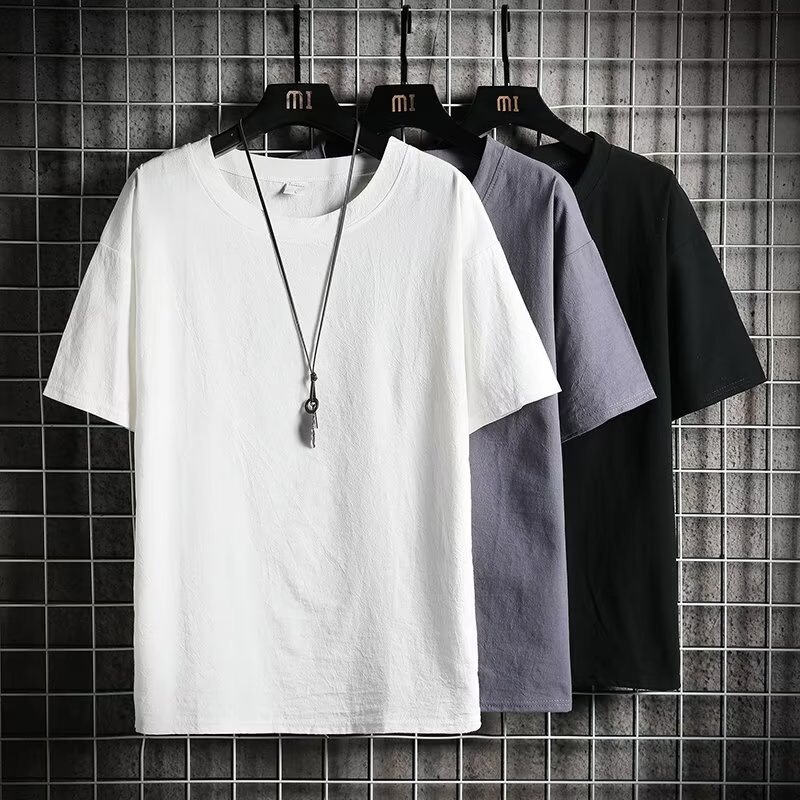 Cross-Border Wholesale from Manufacturers: Men's Summer Trendy Loose Cotton-Linen Short-Sleeve Solid Color T-Shirts Cross-Border Wholesale from Manufacturers: Men's Summer Trendy Loose Cotton-Linen Short-Sleeve Solid Color T-Shirts