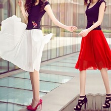 夏季雪纺半身裙子高腰显瘦大摆中长款纱裙百褶裙大码中裙一件代发