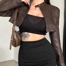 2025秋季新款纯欲风短款皮衣夹克辣妹收腰图片欧美个性街头涤纶