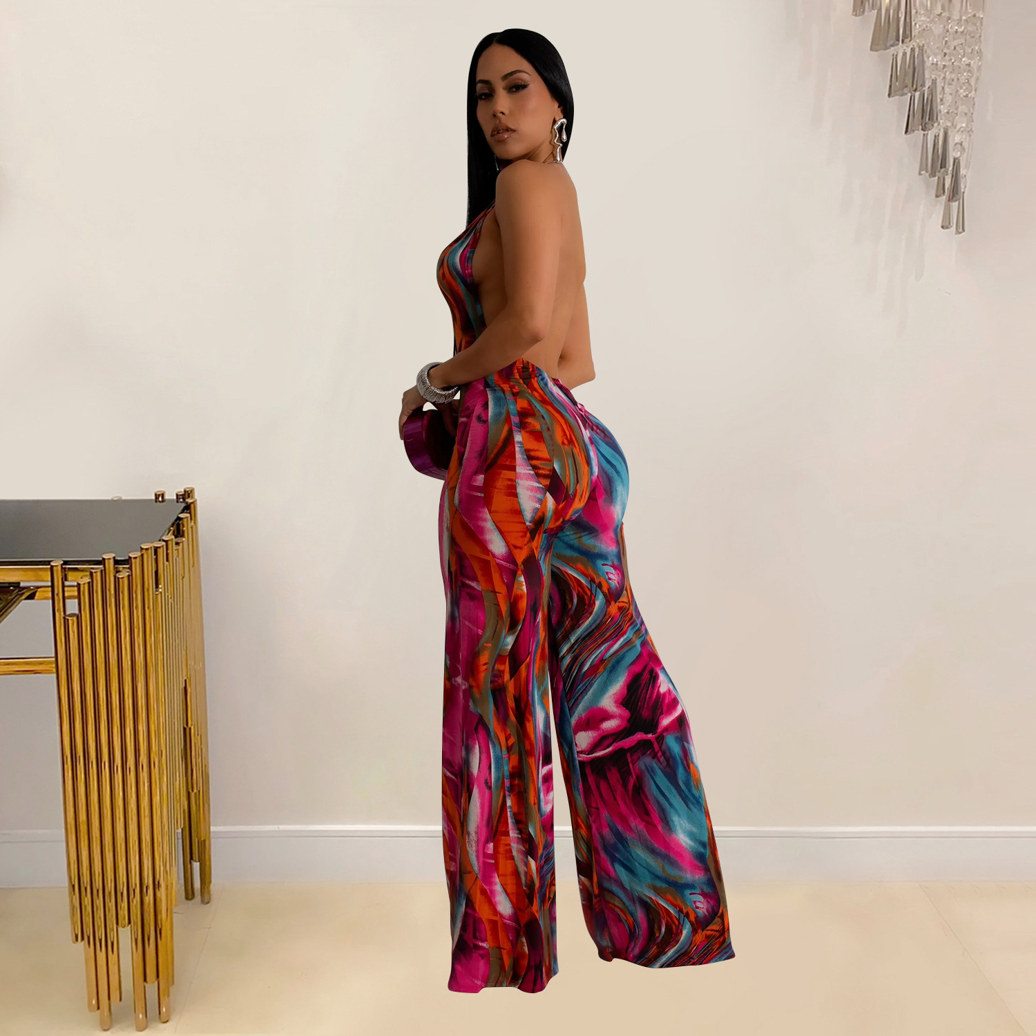 Women Wear Print Sleeveless Deep V Plunge Color Block Backless Long Conjoined Trousers