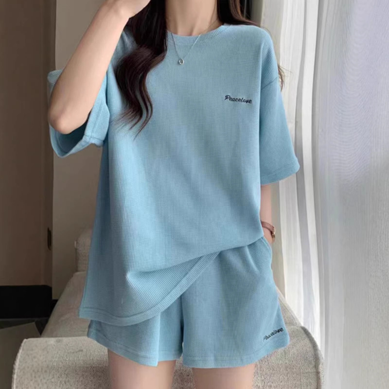 Waffle Sports Suit for Women 2026 Summer Korean Style Loose Fashion Short-Sleeved Shorts Casual Two-Piece Set