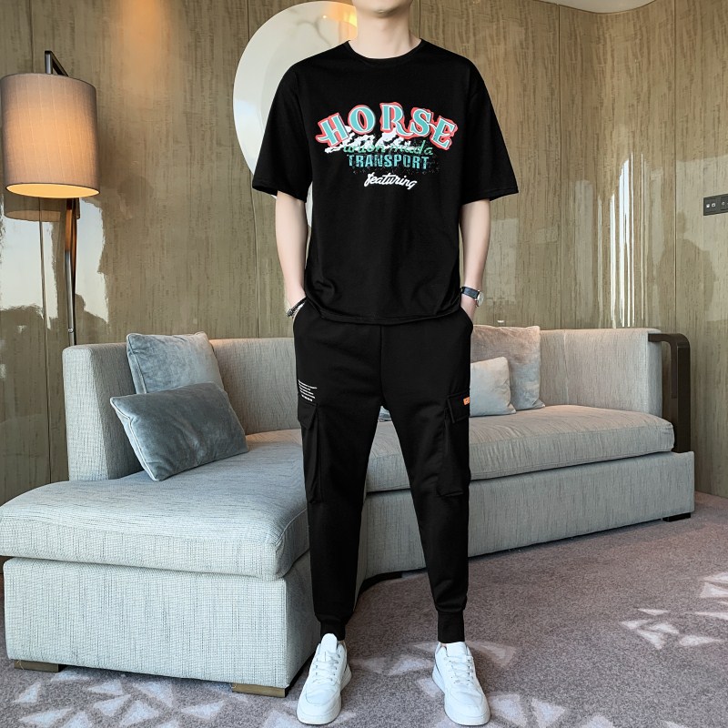 Short sleeved T-shirt summer men's wear Two piece set collocation handsome Korean Edition fashion Summer wear leisure time motion suit