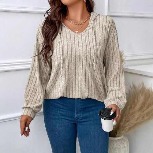 European and American-style spring/autumn solid-color loose-fitting plus-size top with V-neck, hooded design, and long sleeves—crafted from brushed ribbed fabric.