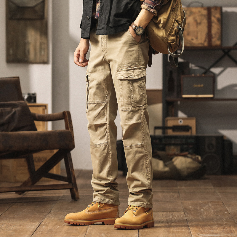 Young Men's European and American plus size Crane Pants Trendy Brand Puppies Handsome Functional Style Tactical Pants Pure Cotton Straight Multi-Bag Pants