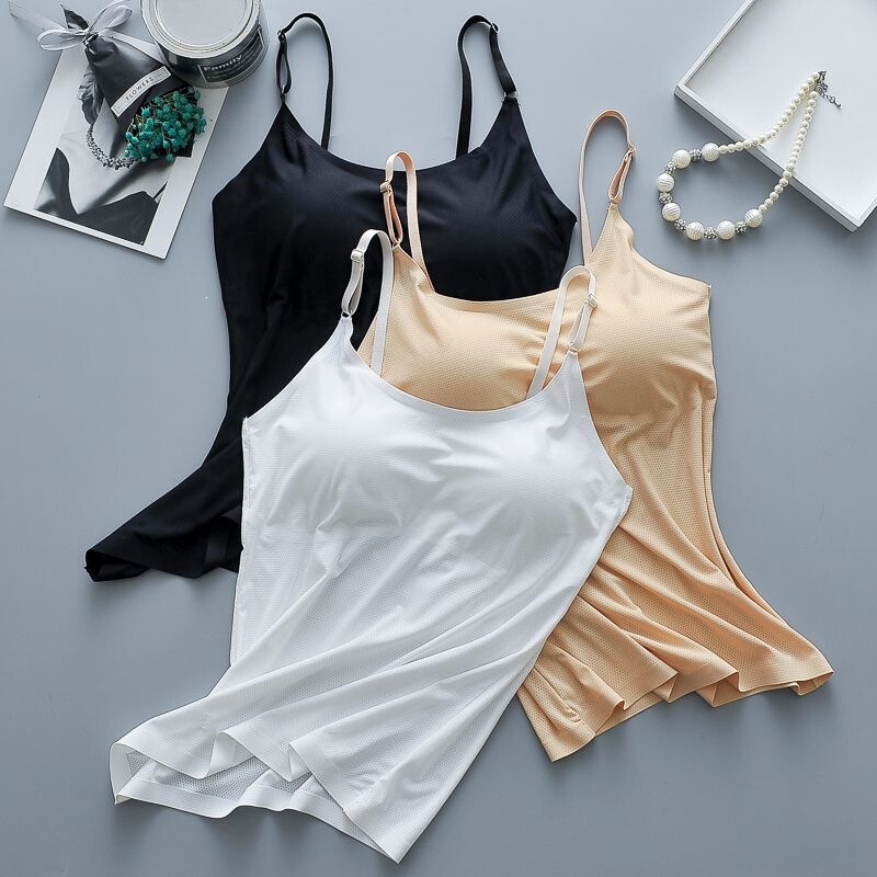 Women's Camisole with Chest Pads, Ice Silk Tank Top, Korean Style, Beautiful Back Design, Sleepwear Base Shirt, Casual Sports Versatile Top Women's Camisole with Chest Pads, Ice Silk Tank Top, Korean Style, Beautiful Back Design, Sleepwear Base Shirt, Casual Sports Versatile Top