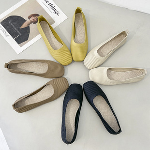 Flat Fly-woven Single Shoes Women's Spring and Summer 2022 New Soft Bottom Square Toe Shallow Mouth Breathable Slip-on Knitted Grandma Shoes