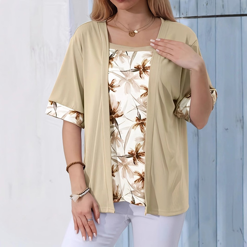Large European and American TEMUwish women's clothing solid color print splicing two-piece short-sleeved T-shirt