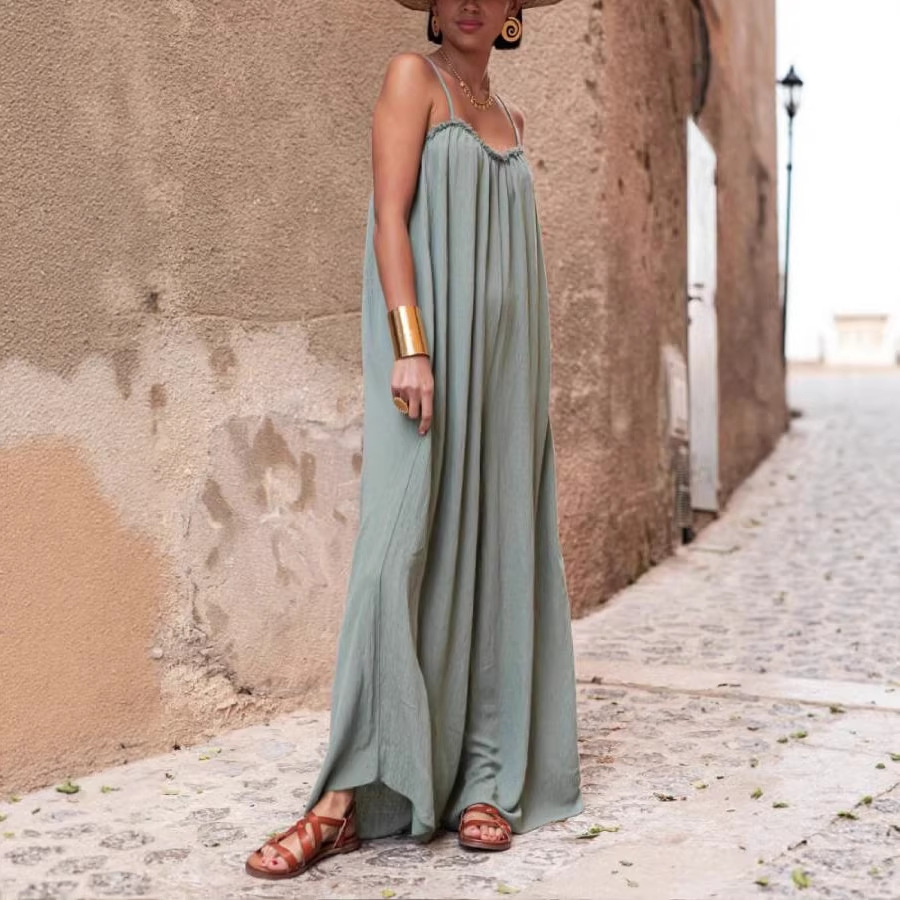 Women's Loose Fit Backless Halter Linen Jumpsuit – Casual Beach Resort Romper For Summer_ecoleips.com