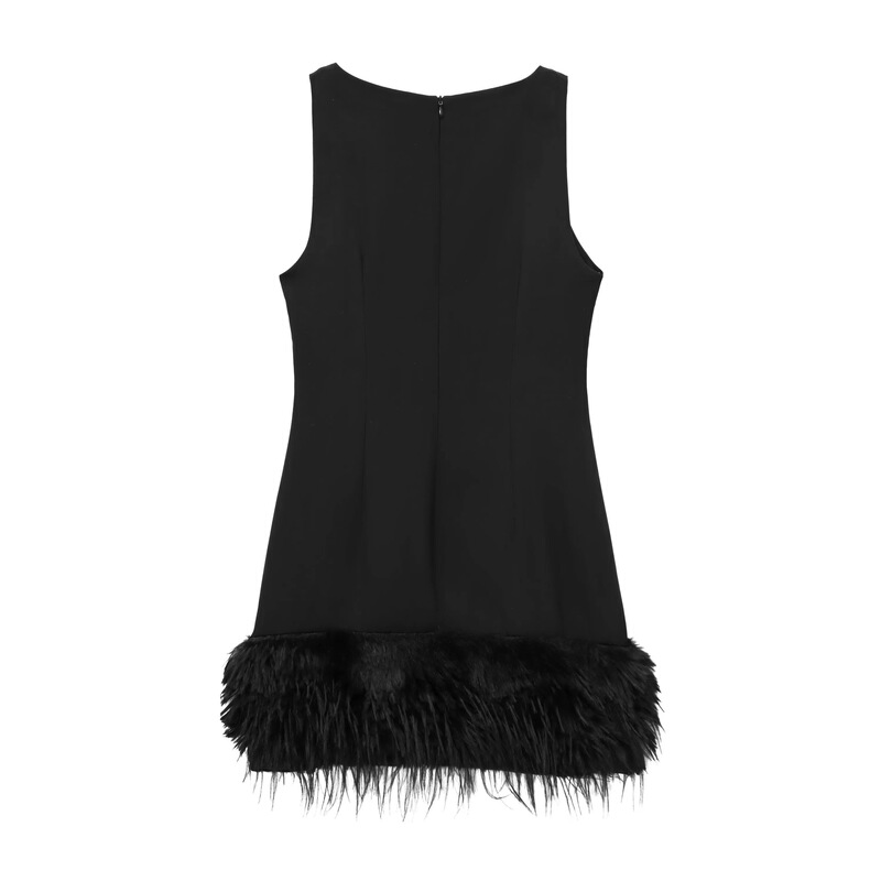 Design A- line skirt 2024 autumn new stand collar sleeveless solid color feather stitching dress women Design A- line skirt 2024 autumn new stand collar sleeveless solid color feather stitching dress women