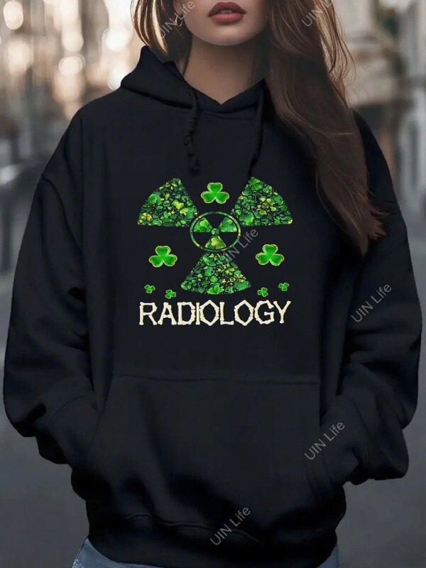 Men's and Women's St. Patrick's Day Radiology Hoodie - Black with Green Four-Leaf Clover and Radiation Symbol
