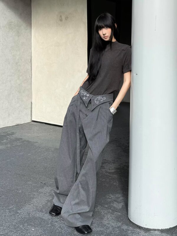 高级感灰色西裤女夏季微喇高腰排扣设计休闲裤宽松显瘦条纹拖地裤|undefined