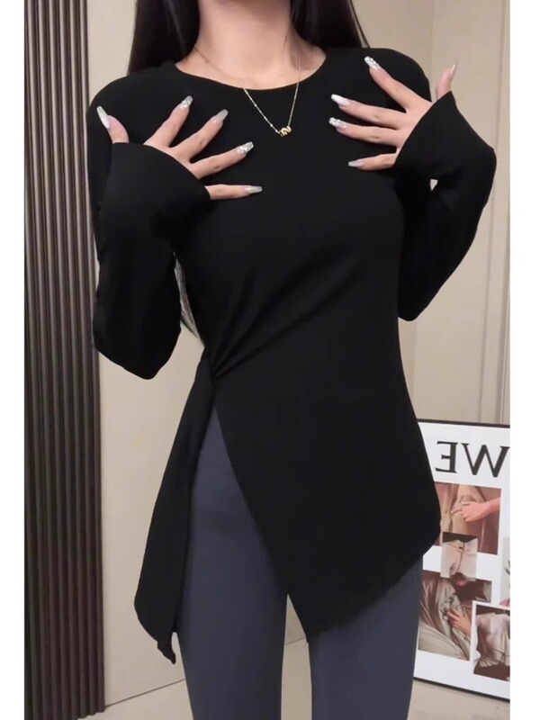 欧洲站棉中长款打底衫女秋季设计感小众开叉不规则上衣长袖t恤衫|undefined