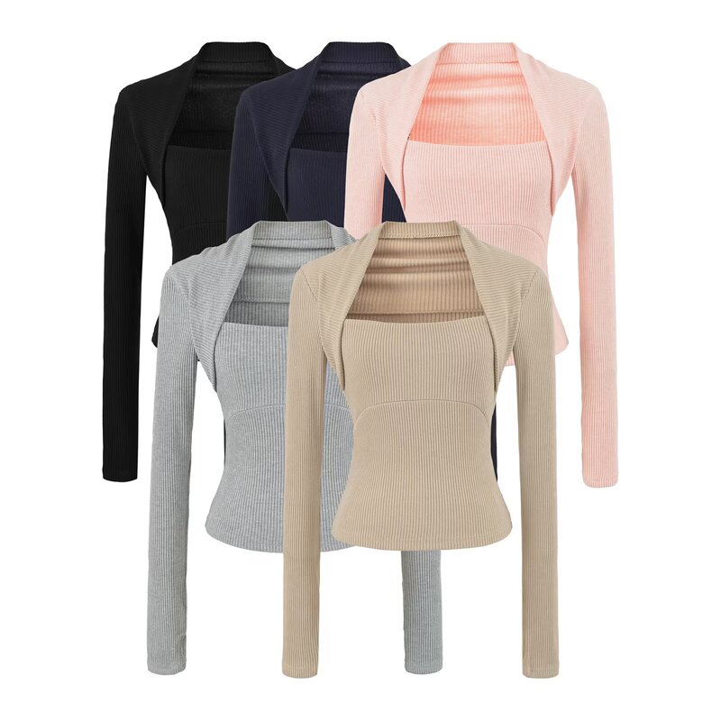 Trendy two-piece look ribbed long-sleeve T-shirt for women, 2026 autumn collection, slim-fit, versatile short top Trendy two-piece look ribbed long-sleeve T-shirt for women, 2026 autumn collection, slim-fit, versatile short top