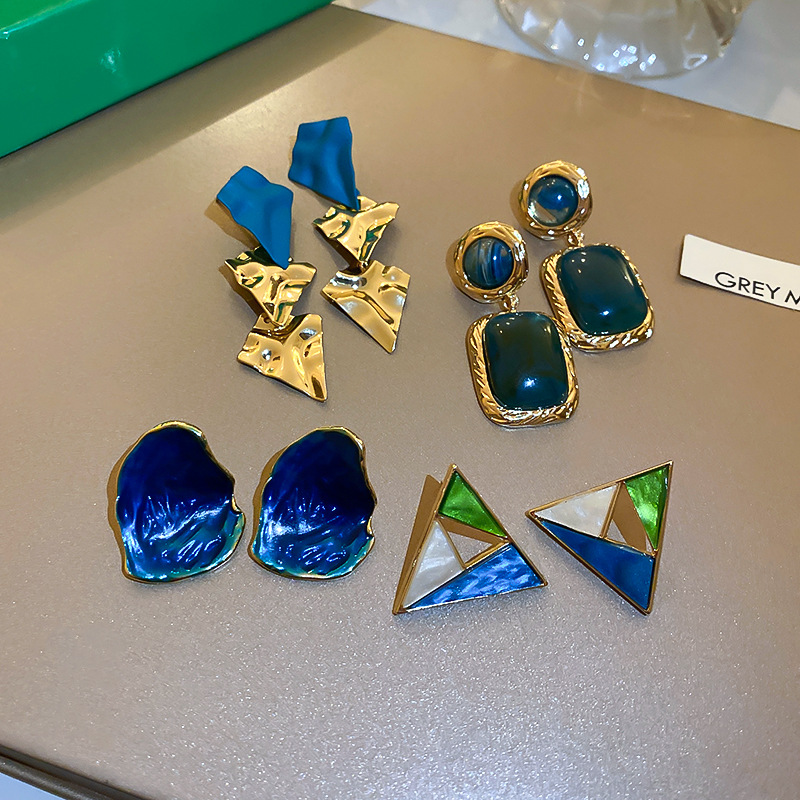 Earrings Classification Fashion Ink Blue Color Geometric Circle Square Triangle Alloy Earrings Wholesale