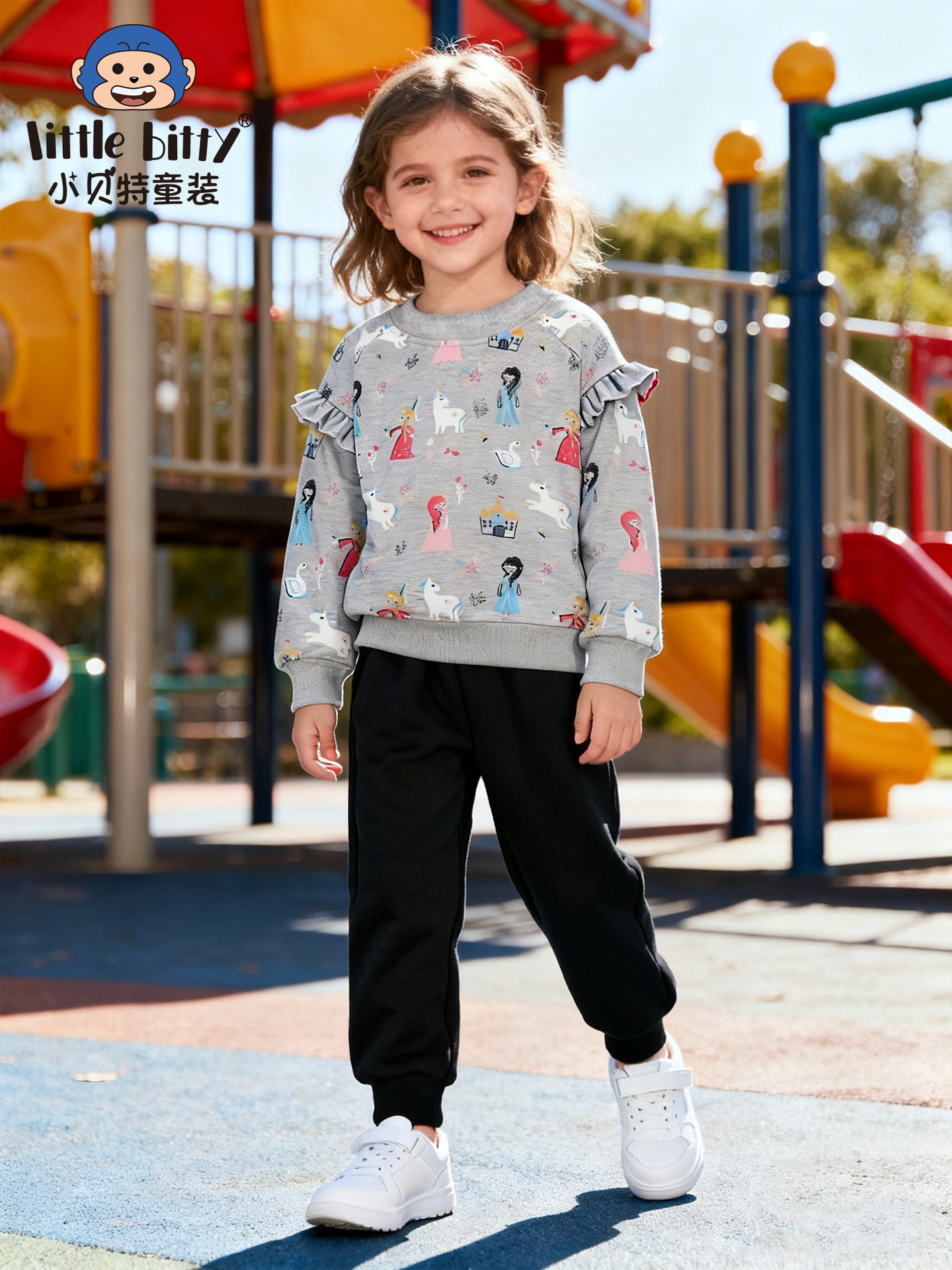 Cross-Border Autumn and Winter Girls' Long-Sleeved Sweatshirts Horn Sleeves Cartoon Print Pattern European and American Children's Clothing Foreign Trade Spot Wholesale