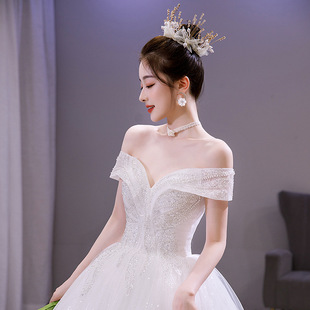 Off-shoulder wedding dress 2024 New Bridal Dream starry sky yarn small Mori Super fairy simple floor-length yarn