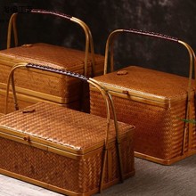 磁武复古竹编双层食盒大号点心手提篮茶具收纳盒礼品包装盒中式送