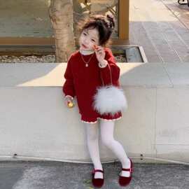 韩版女童2024秋冬新款红色球球针织毛衣半身裙女宝宝洋气上衣裙子