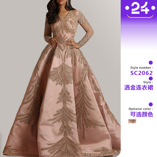 2025 Spring New European and American Foreign Trade Women's Independent Station Bright Cloth Bronzing Large Sleeve Long Skirt Banquet Sexy Evening Dress