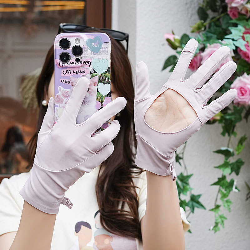Guantes de protección solar de verano, guantes huecos de palma para mujer, anti-ultravioleta, antideslizante, guantes transpirables de seda de hielo con sombra fina
