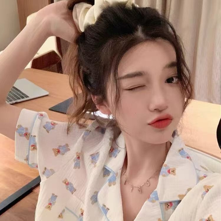 Girl's Cute Lapel Gauze Pajamas Women's Summer Bear Cotton and Linen Short-sleeved Shorts Nightdress Simple Home Clothes suit