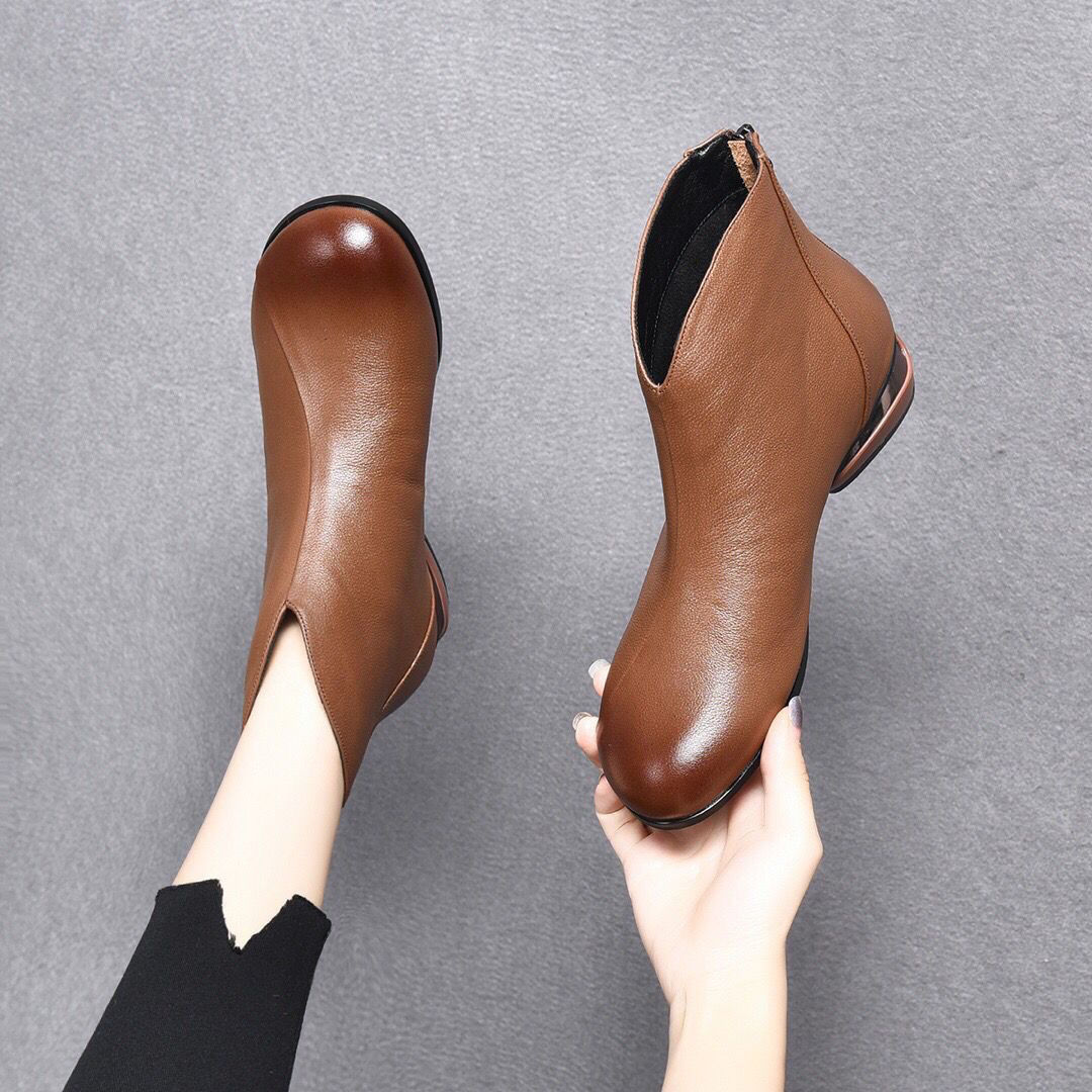 ShoeVault Round Toe Chunky Heel Back Zipper Korean Fashion For Women 2023 Autumn Winter New Fashionable Elegant Style Women's_vogvips.com