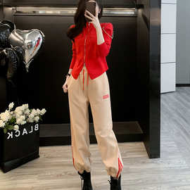 秋季套装女款2023年新款本命年大红色翻领修身长袖卫衣两件套女装