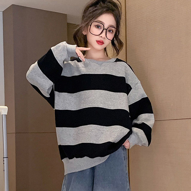 女童秋季宽松卫衣套装洋气2025条纹长袖新款大童女孩牛仔裤两件套|undefined