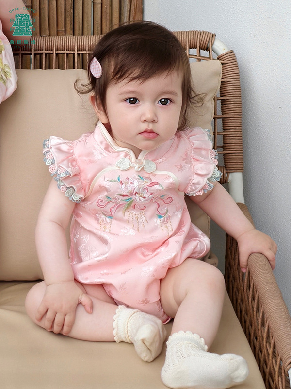 夏の漢服子供用ジャンプスーツベビー新中国風の1歳のドレス女の子のチャイナドレスベビーハイハイスーツ|undefined