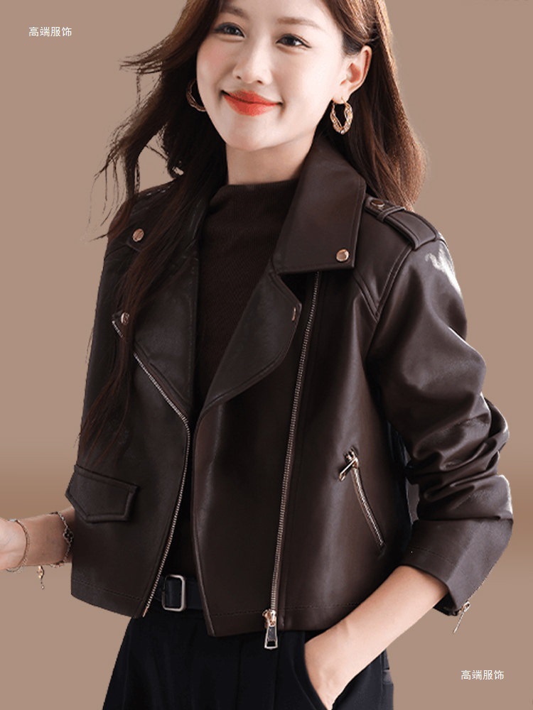 2026 Autumn New Women's Short Leather Jacket, Elegant and Versatile, Fleece-Lined and Thickened for Fall and Winter, Plus Size